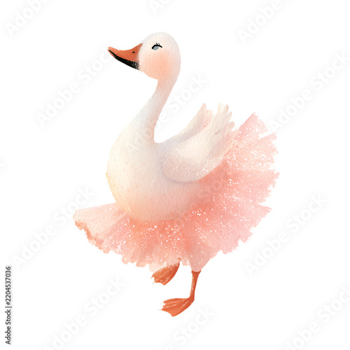 Graceful girly goose walking in a soft pink tutu with delicate pastel watercolor texture isolated on white background for nursery and ballerina designs