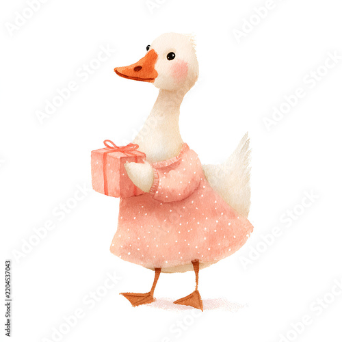 Cute girly goose holding a small wrapped pink present while wearing a fluffy skirt isolated on white background for birthday and celebration designs