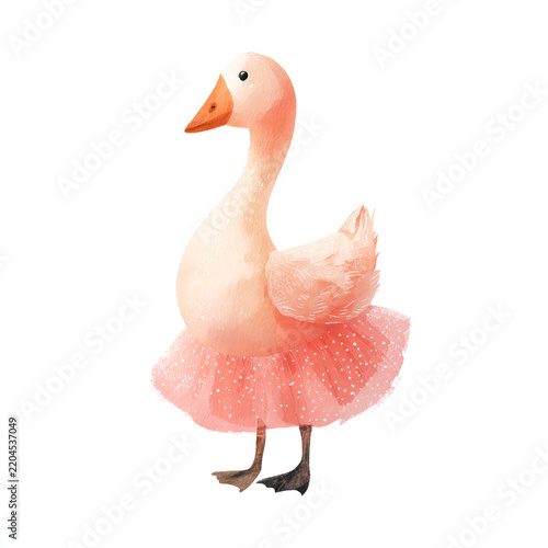 Charming girly goose standing in a layered coral pink tutu with elegant feminine style isolated on white background for nursery ballerina and birthday projects