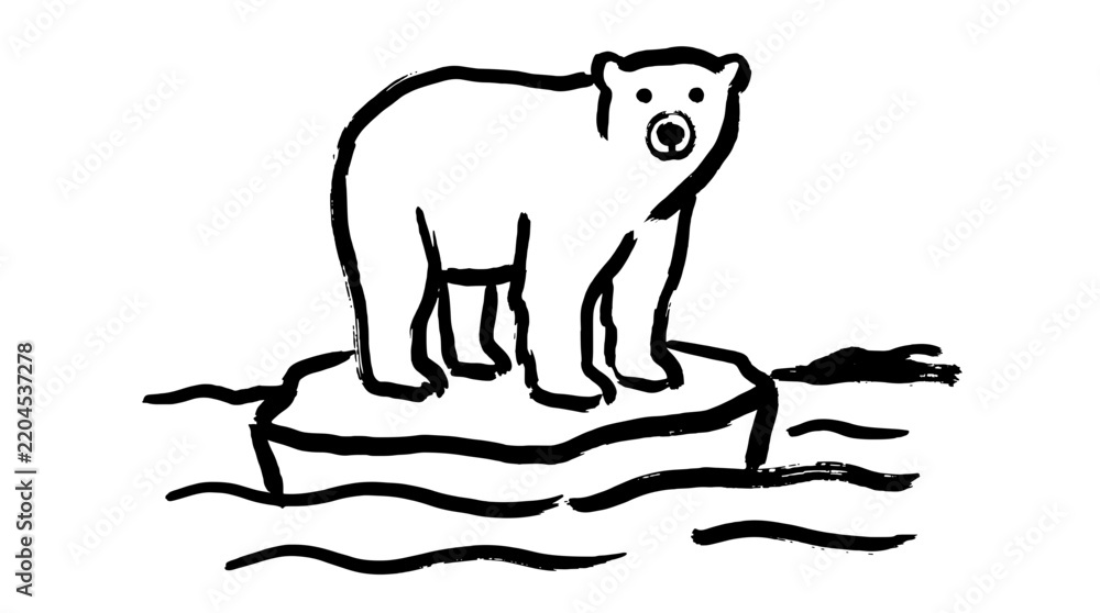 Obraz premium Minimalist black and white ink sketch of a polar bear on melting ice floe