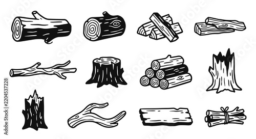 Firewood Timber and Tree Stumps Line Art Vector Clipart Set
