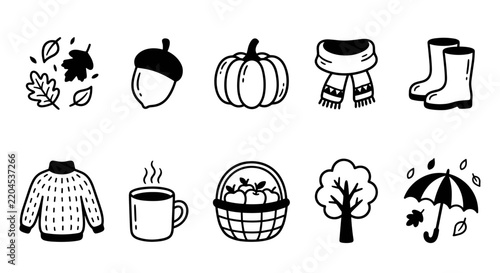Autumn Fall Season Doodle Icons Line Art Vector Clipart Set
