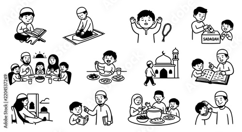 Islamic Daily Activities and Worship Line Art Vector Clipart Set
