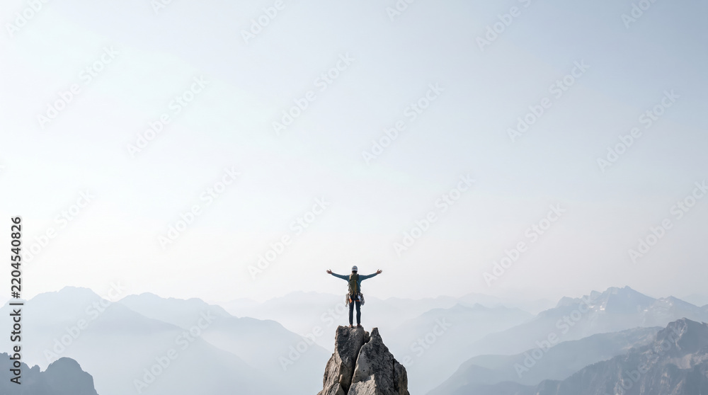 Fototapeta premium Mountain climber reaching peak with arms raised above misty alpine landscape, expressing triumph and freedom
