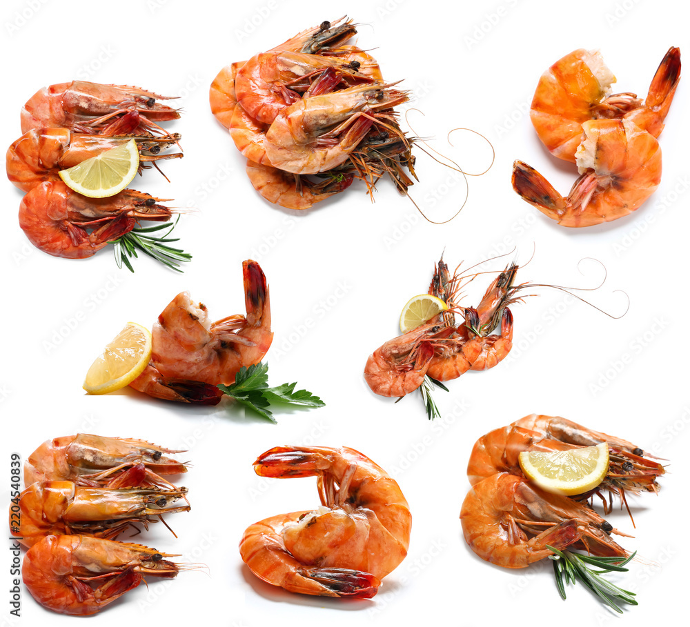 Fototapeta premium Seafood and gourmet cuisine, collection of cooked tiger prawns with lemon and herbs for healthy mediterranean diet and restaurant menu food photography