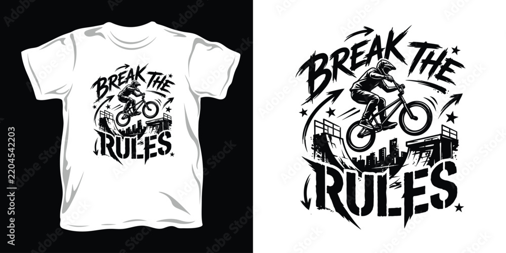 Obraz premium Break the rules bmx rider t-shirt graphic design with extreme sports action scene.