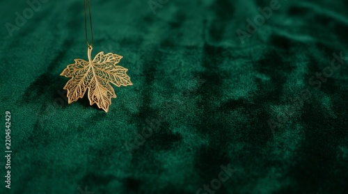 Golden leaves on emerald velvet texture christmas concept copy space 