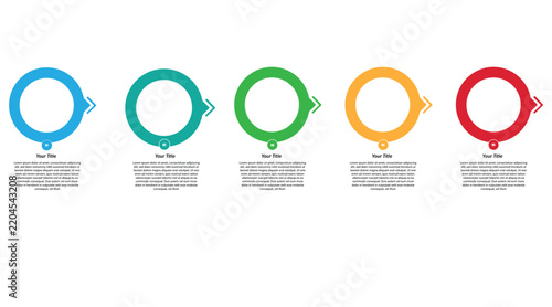 Infographic template with five colored circle icons and text placeholders, business process banner design