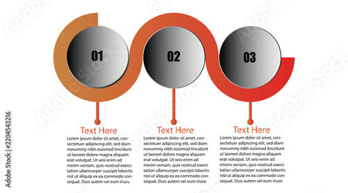 Infographic template with three numbered circles connected by orange arrow swoosh, business presentation design