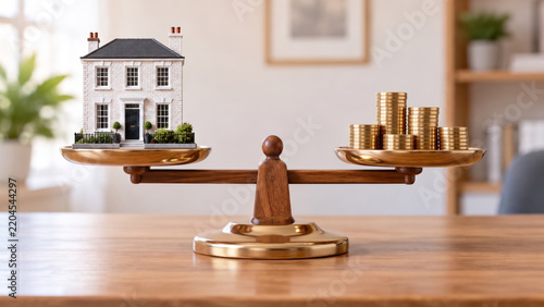 Miniature Model House Balancing Against Stacks Of Gold Coins On Brass Scale, Concept For Real Estate Finance And Property Valuation