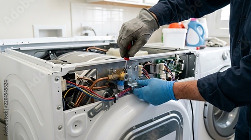 Washing machine repair technician fixing appliance, photo of repairman in gloves working on laundry equipment in a home