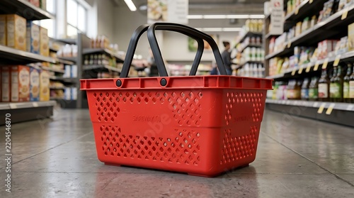 Red shopping basket on supermarket floor with retail grocery store shelves background
