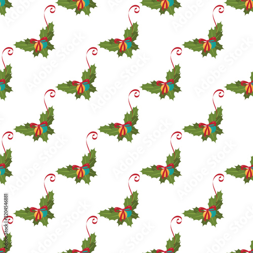 Seamless Christmas Holly Pattern With Red Ribbon Decorations On White Holiday Background