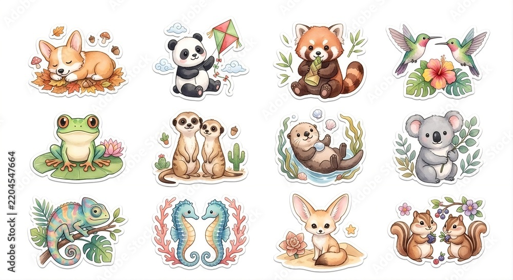 Obraz premium Cute wild animals and cute characters clip art set illustration