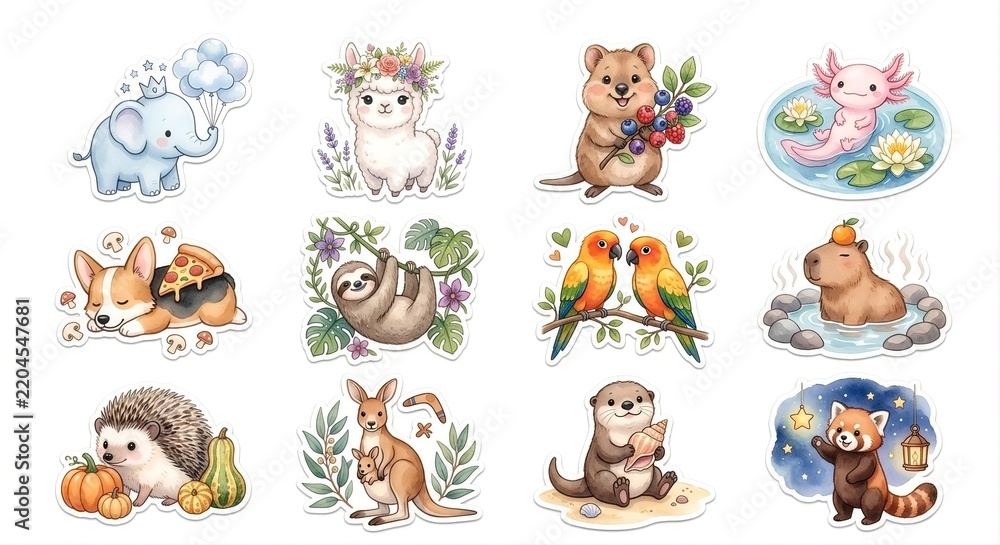 Obraz premium Watercolor cute forest animals and woodland clip art set illustration