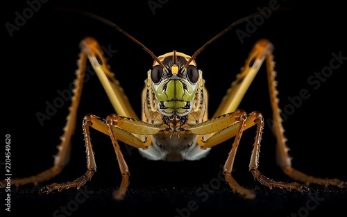 Close Up Green Grasshopper Face with Large Eyes and Long Antennae on Black Background
