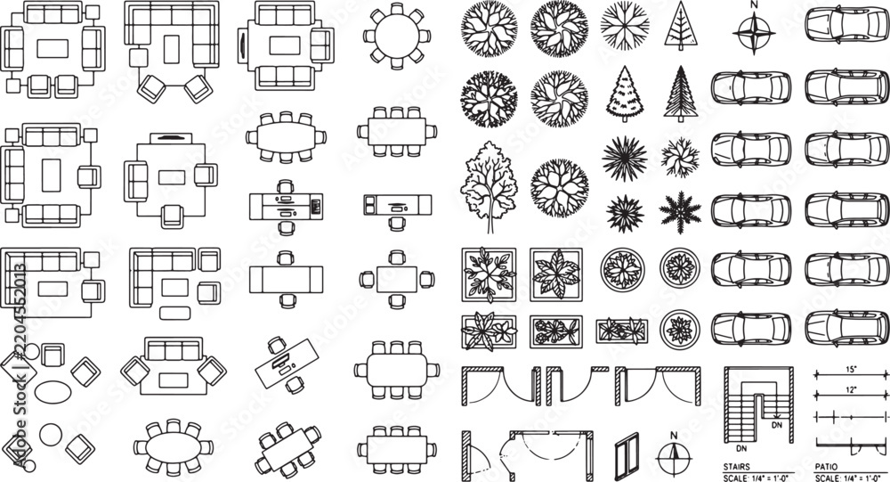 Obraz premium Architectural Floor Plan Furniture Symbols and Landscape Icons Vector Set