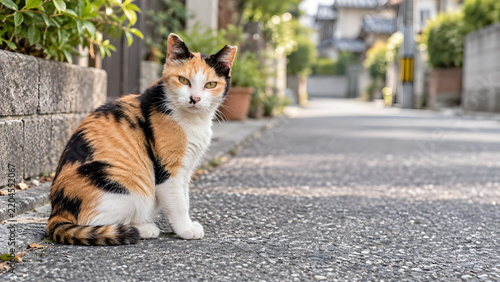 日本の住宅街の路地で座ってこちらを見る三毛猫