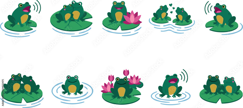 Fototapeta premium Cute Cartoon Frog Character Set on Lily Pad and Lotus Flowers Showing Croaking Singing and Love Expressions for Children Graphic Designs