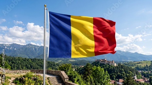 National flag of Romania waving against a scenic mountain landscape background