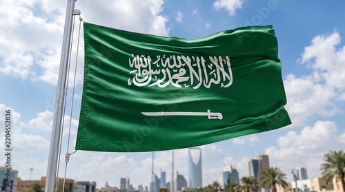 Saudi Arabia national flag waving against a blue sky in Riyadh city