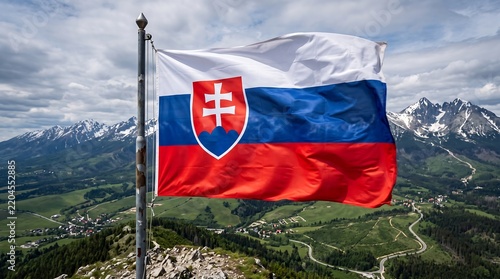 Slovak Republic flag waving against the High Tatra mountains landscape