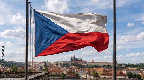 Czech Republic flag waving over the Prague city skyline with blue sky