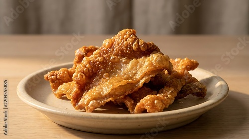 Delicious crispy chicken tenders with colorful vegetable garnish served on a round ceramic plate. golden fried skin