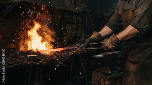 Blacksmith pulls glowing red-hot iron from fiery forge with tongs, sparks flying