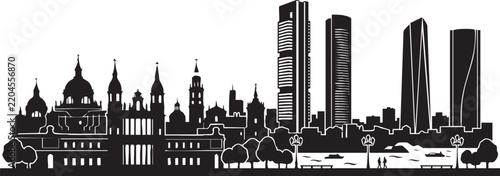 Adobe Illustrator Artwork of Minimalist Flat Vector Silhouette of Madrid Spain Skyline