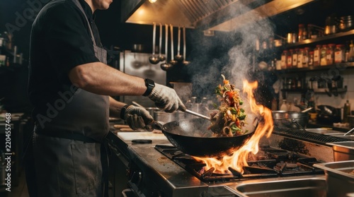 Professional chef stir-frying vegetables in a wok with dramatic flames in commercial kitchen