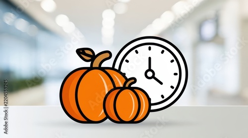 Two orange pumpkins with a clock showing 3 o'clock in a blurred indoor setting.
