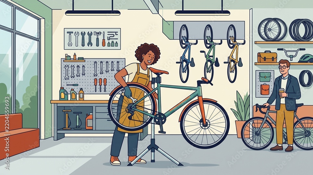 Obraz premium Bicycle repair shop scene with mechanic servicing a bike and customer holding coffee, ideal for marketing and business concepts