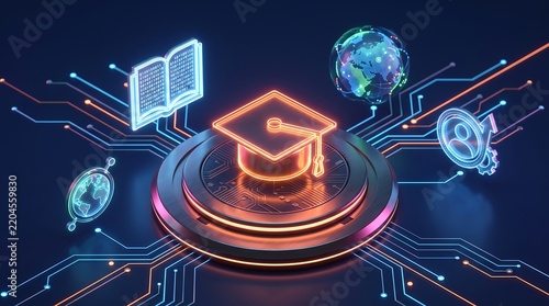 Futuristic 3D Isometric E-Learning and Digital Education Concept with Graduation Cap and Globe 