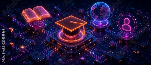 Futuristic 3D Isometric E-Learning and Digital Education Concept with Graduation Cap and Globe 