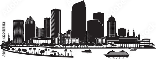Adobe Illustrator Artwork of Tampa Florida Skyline Silhouette with Scenic Waterfront Riverwalk and Downtown High Rise Skyscrapers