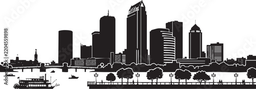 Adobe Illustrator Artwork of Tampa Florida Skyline Silhouette with Scenic Waterfront Riverwalk and Downtown High Rise Skyscrapers