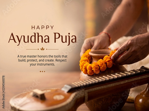 Happy Ayudha Puja Banner with Veena Musical Instrument, Clay Kalash