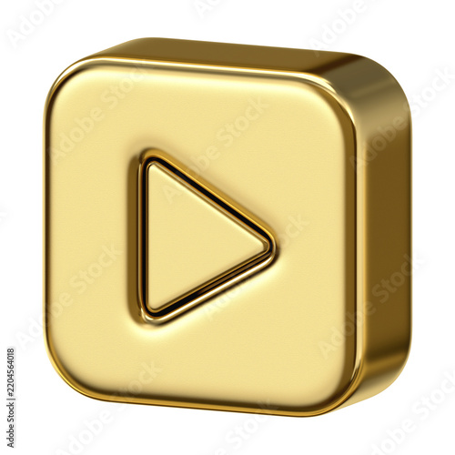 Gold metallic square play button icon with triangle arrow shape