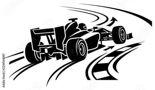 Race Car Cornering on Curved Track With Driver and Tire Marks Glyph