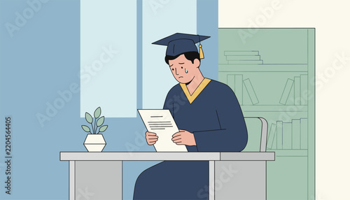 Sorrowful male graduate in a navy blue cap and gown sits at a desk and cries while looking at his grade sheet.