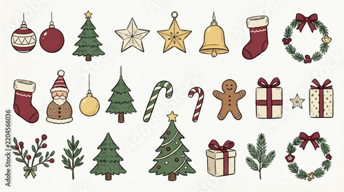Traditional christmas icons and holiday doodles set vector collection.