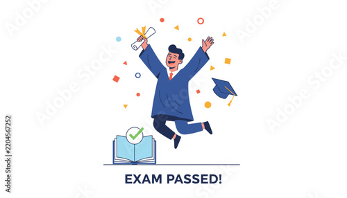 Joyful graduate student jumping high in the air holding his diploma with confetti and book celebration of passing his exam.