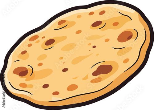 Flatbread Vector Illustration, Golden Homemade Bread with Toasted Spots Isolated on White Background