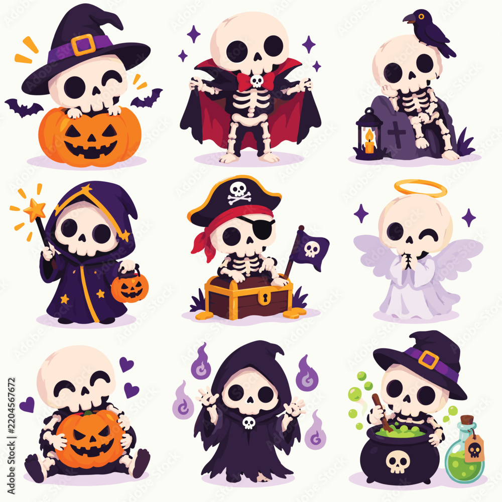 Fototapeta premium Skeleton Cute Halloween Sticker Set for Product Mockup and Print