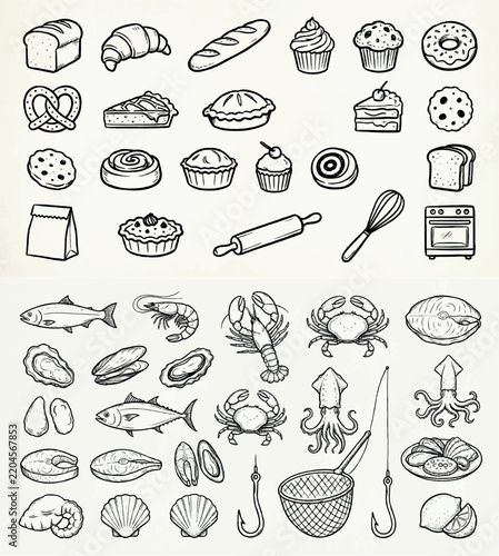 Bakery and seafood illustrations, bread, cakes, fish, shellfish, lobster.