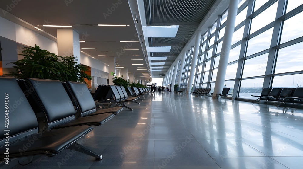 Fototapeta premium Spacious modern airport terminal with rows of black seating large and polished floor reflecting ambient light