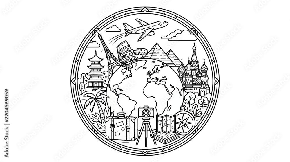 Obraz premium World travel line art illustration with globe and famous monuments