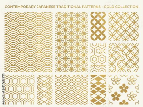 Japanese traditional patterns gold collection, elegant gold geometric seamless pattern set with seigaiha and asanoha motifs, luxury oriental vector backgrounds for premium packaging design