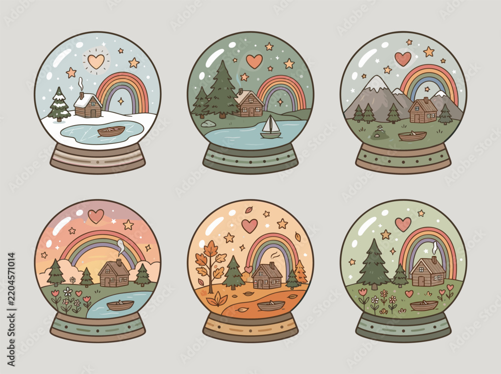 Obraz premium Collection of cute snow globes with winter and spring landscapes rainbows and cabins vector graphic vector illustration design asset concept
